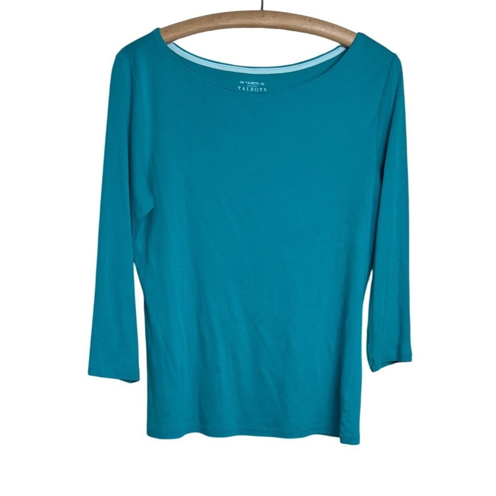 Talbots‎ Pima Cotton Tee Women Small Teal Blue 3/4 Sleeve Boatneck Casual D09